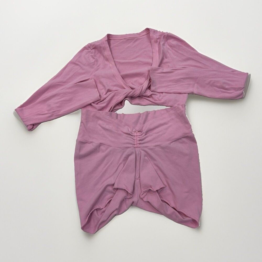 Skims Set Womens Size Medium Cotton Twist Long Sleeve Cropped Top & Shorts Pink